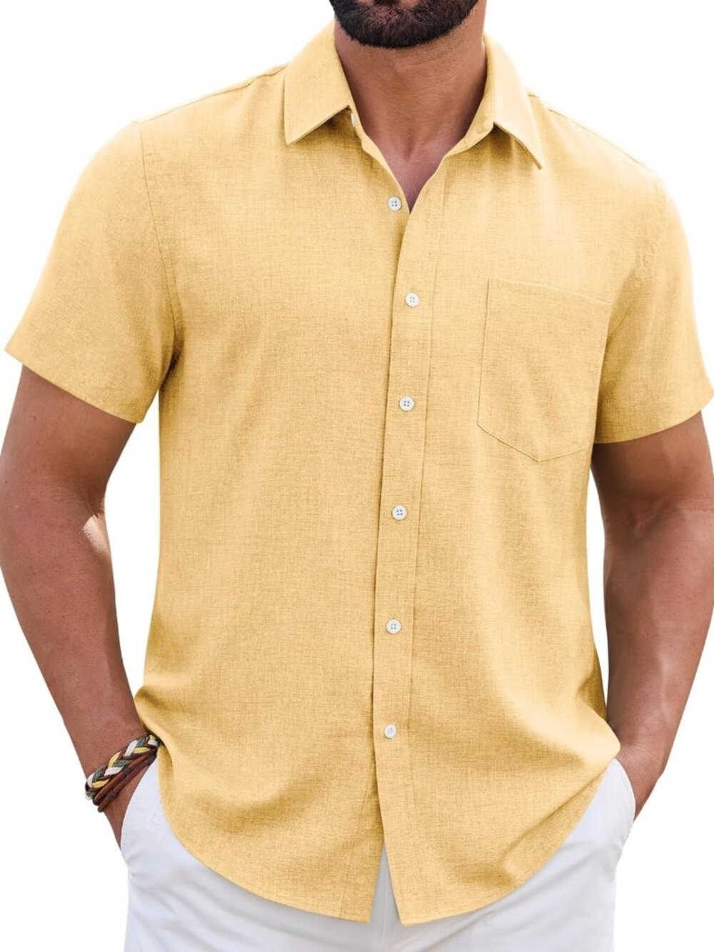 Men's Short Sleeve Linen Shirt - Wrinkle-Free, Casual Button Down, Beach-Ready
